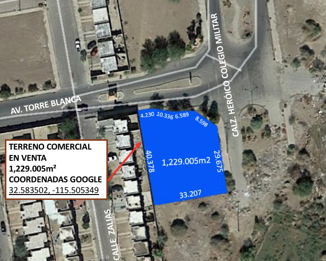 Terreno Comercial en esquina de 1,229.005m² en Hacienda de las Torres